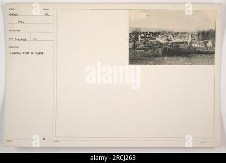 Luftaufnahme mit einem allgemeinen Blick auf Pancy Sumber 66903 G-2 während des Ersten Weltkriegs. Das Foto wurde vom Fotografen RECO am 12. Mai 1919 aufgenommen. Das Bild war mit dem Symbol „EU“ gekennzeichnet und zeigt die gesamte Landschaft von Pancy. Weitere Hinweise können weitere Informationen enthalten. Stockfoto