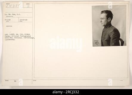 Lieutenant William Fox, ein offizieller Fotograf der 5. Division des Signalkorps, hat dieses Foto am 1. März 1919 in Differdange, Luxemburg, aufgenommen. Das Bild wurde mit der Mc-Nummer 12-24-18 herausgegeben und wird als Teil von LT. Fox selbst beschrieben. Die Notizen für dieses Foto sind mit 44380 nummeriert. Stockfoto