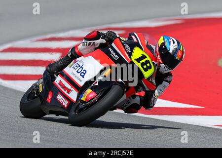 Montmelo, Spanien. 14. Juli 2023. Xavier Cardelus aus Andorra von Promoracing mit Kalex während der Moto-2-Kategorie der Finetwork FIM JuniorGP Weltmeisterschaft Barcelona-Runde auf dem Circuit de Barcelona in Montmelo, Spanien. Kredit: DAX Images/Alamy Live News Stockfoto