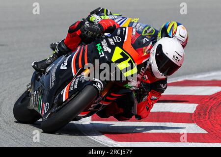 Montmelo, Spanien. 14. Juli 2023. Mattia Volpi aus Italien, MMR-Team mit Kalex während der Moto 2-Kategorie der Finetwork FIM JuniorGP Weltmeisterschaft Barcelona auf dem Circuit de Barcelona in Montmelo, Spanien. Kredit: DAX Images/Alamy Live News Stockfoto