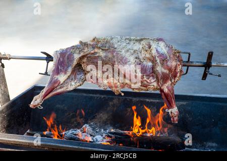 Traditionelles Spieß-Barbecue im Hinterhof mit einem Lamm bestreut mit Kräutern über der Holzkohle Stockfoto