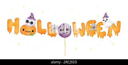 Feiern Sie den gruseligen Feiertag mit diesem niedlichen und farbenfrohen Halloween-Schriftzug. Die handgezeichnete Aquarell-Illustration ist mit einer verspielten Kombination versehen Stock Vektor