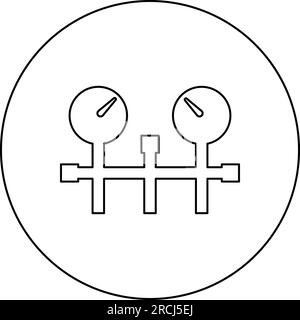 Manometer und Leitungen Manometer Manometer oder Symbol für Vakuummanometer in kreisförmigem, schwarzem Vektorsymbol, Abbildung der Konturlinie Stock Vektor