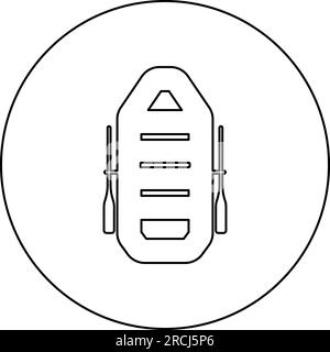 Aufblasbares Boot mit Paddeln Ruder Wasserfahrt Sport Flussschiff Freizeit Sommerzeit Konzeptsymbol in kreisförmigem, schwarzem Vektorsymbol Stock Vektor
