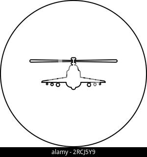 Kampfhubschrauber Angriff Militärkonzept Symbol vorne im Kreis rund schwarz Vektor Abbildung Konturlinie dünner Stil einfach Stock Vektor