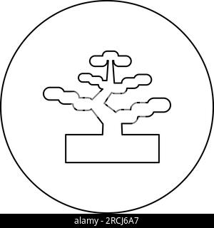 Bonsai Kieferngarten Konzept japanisches Pflanzensymbol im Kreis rund schwarz Vektor Abbildung Konturlinie dünner Stil einfach Stock Vektor