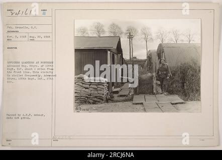 Pvt. Grunelle fotografierte 111-SC-24161 am 3. November 1918, am weitesten fortgeschrittenen Regiment-Hauptquartier von 105. Regt. Inf. Die Lage ist ca. 4 Meilen von der Front entfernt, und diese Gegend wird häufig beschossen. Das Foto zeigt das Offiziersquartier im Hauptquartier der 105. Regt. INF., 27. Div Es wurde vom A.E.P. Zensor freigegeben, aber das genaue Datum ist unbekannt. Stockfoto