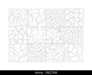 Vektormuttern Kontur festlegen. Vektorhintergrund von trockenen Nüssen und Samen - Mandeln, Cashew, Erdnüsse, Walnüsse, Pistazien. Lebensmittel für Lebensmittelgeschäft, schwarz-weiß c Stock Vektor