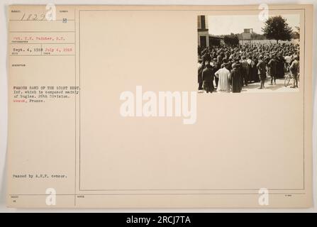 Bildunterschrift: Pvt. C.E. Maler der S.C. (Signalkorps) Dieses Foto wurde am 4. September 1918 in Meaux, Frankreich, aufgenommen. Das Bild zeigt das bekannte Hornband des 101. Regiments, Infanterie, die Teil der 26. Division waren. Das Foto wurde vom A.E.F.-Zensor genehmigt und trägt die Referenznummer 18295. Stockfoto