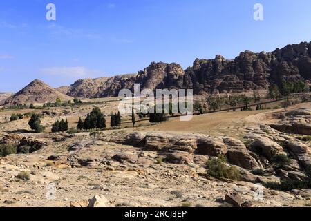 Blick über die Landschaft rund um Wadi Ba'aja in der Nähe von Little Petra, Al-Sharat Gegend von Jordanien, Naher Osten Stockfoto