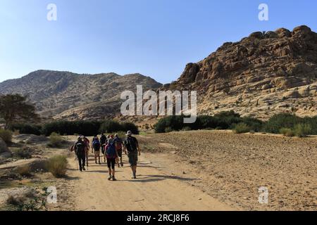 Blick über die Landschaft rund um Wadi Ba'aja in der Nähe von Little Petra, Al-Sharat Gegend von Jordanien, Naher Osten Stockfoto