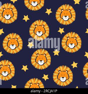 Cute lion head seamless pattern. Vector repeat background. Stock Vektor