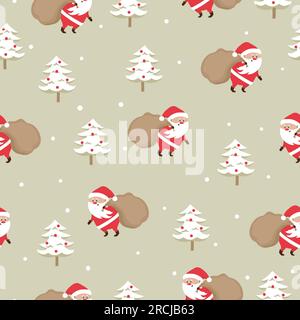 Merry Christmas Nahtloses Muster mit Weihnachtsmann und weihnachtsbaum. Stock Vektor