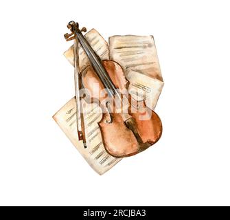 Alte Geige liegt auf Papier mit Notizen. Perfekt für Hochzeiten, Einladungen, Blogs, Kartenvorlagen, Geburtstags- und Babykarten, Muster, Zitate. Stockfoto