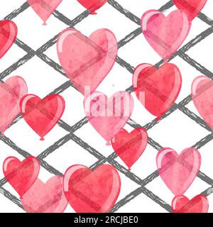 Wasserfarbene Herzballons mit nahtlosem Muster. Valentinstag-Vektorhintergrund. Stock Vektor