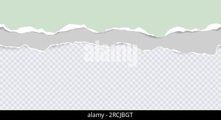 Nahtloses Muster von Papier mit gerissenen horizontalen farbigen Streifen mit gerissenen Adgen und weichen Schatten. Grüngraues, zerrissenes Papier. Entwurfsvorlage für Text oder Messag Stock Vektor