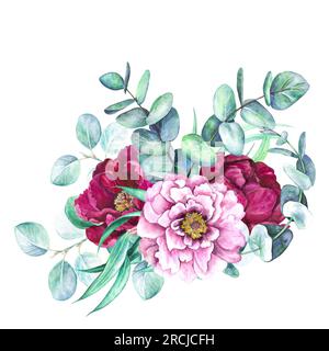 Aquarell-Darstellung der Zusammensetzung rosa Pfingstrosen und Eukalyptusblätter isoliert auf weißem Hintergrund. Stockfoto