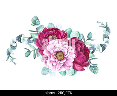 Aquarell-Darstellung der Zusammensetzung rosa Pfingstrosen und Eukalyptusblätter isoliert auf weißem Hintergrund. Stockfoto