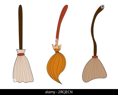 Hexenbesen-Set. Clipart isoliert auf weißem Hintergrund. Hexenattribut. Stock Vektor