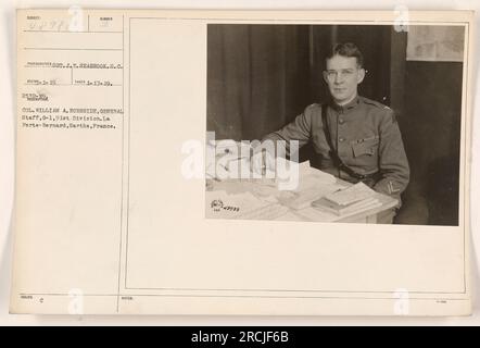 Colonel William A. Burnside, ein Mitglied des Generalstabs, G-1, 91. Division, ist auf diesem Foto von La Ferte-Bernard, Sarthe, Frankreich, zu sehen. Das Foto wurde am 19. Januar 1919 von dem Fotografen S.T. Seabrook aufgenommen. Es trägt die ausgestellte Nummer 48988 und enthält Notizen über Colonel Burnside und den Standort des Fotos. Stockfoto