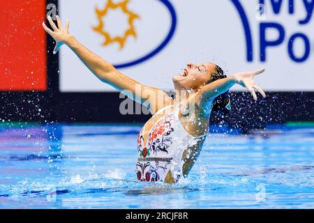 Fukuoka, Japan. 15. Juli 2023. FUKUOKA, JAPAN - 15. JULI: Kyra Hoevertsz von Aruba während der World Aquatics Championships 2023 Artistic Swimming Women's Solo Techical Final am 15. Juli 2023 in Fukuoka, Japan (Foto: Albert Ten Hove/Orange Pictures) Guthaben: Orange Pics BV/Alamy Live News Stockfoto