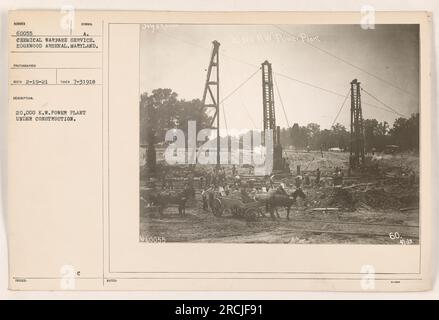 'Foto des Baus eines 20.000 KW Kraftwerks im Chemischen Kriegsdienst, Edgewood Arsenal, MD. Das Foto wurde am 3. Juli 1918 von einem Fotografen aufgenommen, der als RECO identifiziert wurde. Das Kraftwerk ist mit dem Symbol A₁ gekennzeichnet und wird als im Bau befindlich beschrieben. Dieses Bild hat in der Sammlung die Nummer 60055 und ist dem Chemical Warfare Service zugeordnet.“ Stockfoto