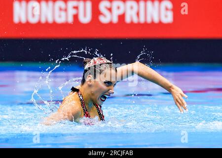 Fukuoka, Japan. 15. Juli 2023. FUKUOKA, JAPAN - 15. JULI: Vasiliki Alexandri von Österreich während der Wasserweltmeisterschaft 2023 Kunstschwimmen Frauen Solo Techical Final am 15. Juli 2023 in Fukuoka, Japan (Foto: Albert Ten Hove/Orange Pictures) Kredit: Orange Pics BV/Alamy Live News Stockfoto