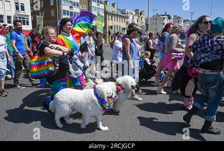 Brighton UK 15. Juli 2023 - Tausende nehmen an der Brighton Trans Pride Parade durch die Straßen und entlang der Küste Teil, die ihren 10. Jahrestag in der Stadt feiert: Credit Simon Dack / Alamy Live News Stockfoto