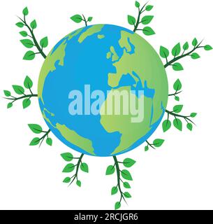 Erdkugel mit Pflanzen mit grünen Blättern umgeben Stock Vektor