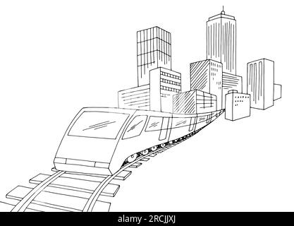 Zug von der Eisenbahn aus der Stadtgrafik Schwarzweiß Landschaftszeichnung Zeichnungsvektor Stock Vektor