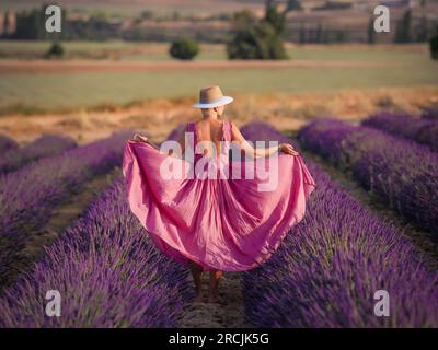 Ein Mädchen in einem weißen fliegenden Kleid steht auf einem Lavendelfeld und genießt das Aroma von Blumen Stockfoto