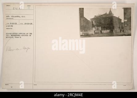 Auf diesem Foto ist die Zentrale der 7. Division in Villers-en-Haye, Meurthe et Moselle, Frankreich, festgehalten. Sergeant Villaneva, S.C., war der Fotograf hinter diesem Bild, das am 10. Oktober 1918 um 1525:T8 aufgenommen wurde. Die entsprechende Referenznummer für dieses Foto ist E 100 4-14-19. Stockfoto