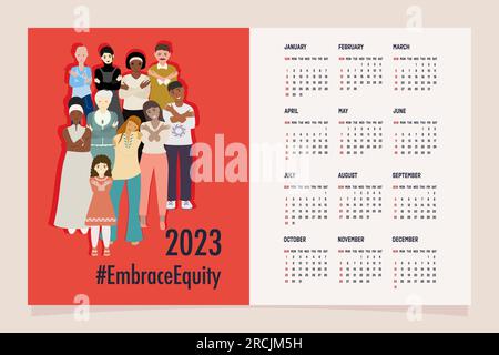 Multiethnische Gruppe von Menschen #EmbraceEquity schenkt der Gerechtigkeit eine enorme Umarmung. Internationaler Frauentag 2023. Der Kalender steht für Gerechtigkeit. Chancengleichheit A Stock Vektor