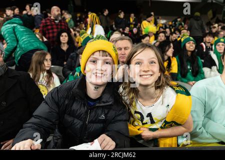 Melbourne, Australien. 14. Juli 2023. Melbourne, Australien, Juli 14. 2023 Junge Fans während eines internationalen Womens-Spiels zwischen Australien und Frankreich im Marvel Stadium in Melbourne, Australien 2023 (Liam Ayres/SPP) Guthaben: SPP Sport Press Photo. Alamy Live News Stockfoto