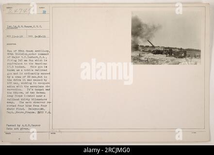 Männer der 35. Küstenartillerie, 80. Division, unter dem Kommando von Major G. F. Humbert, feuert eine 340mm-Pistole ab. Diese Pistole, die den amerikanischen 13,9 cm entspricht, ist normalerweise mit 22 Männern besetzt, aber während der Offensive wurde sie von 122 Männern bedient, die neben Luftbeobachtern arbeiteten. Es zielte erfolgreich auf das Hauptquartier zweier deutscher Armeekorps ab, die 30 Kilometer entfernt sind. Aufgenommen in Baleyooubt, Abteilung, Mause, Frankreich. Foto von A.E.F. Zensor, Datum unbekannt. 188UED: MARA-Bay-NOTIZEN. Stockfoto