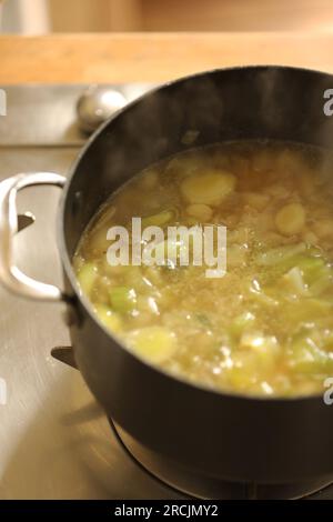 Leckage und Kartoffelsuppe in einer braunen Schale Stockfoto