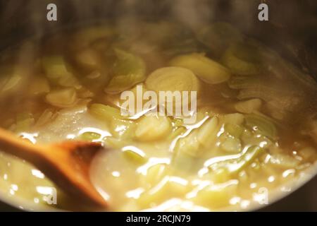 Leckage und Kartoffelsuppe in einer braunen Schale Stockfoto
