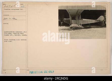 Seitenansicht des ersten kanadischen JN 4-Flugzeugs, hergestellt von Canadian Aeroplanes Ltd. In Toronto, Kanada. Aufgenommen am 12. September 1915. Dieses Bild ist nur für den offiziellen Gebrauch bestimmt. Stockfoto