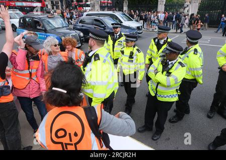 Parliament Square, London, Großbritannien. 15. Juli 2023 Mitglieder von Just Stop Oil protestieren auf dem Parliament Square. Kredit: Matthew Chattle/Alamy Live News Stockfoto