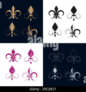 Fleur De Lis Icons Kollektion Royal French Heraldic Symbol verschiedene Typen Gold, Schwarz, Hellblau, Grunge strukturiert, Metallic, Dekorative Konturen Stock Vektor