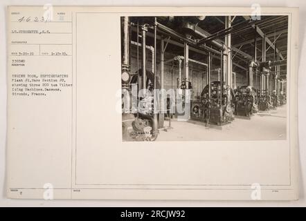 Maschinenraum der Kühlanlage Nr. 1 im Grundabschnitt „2“ mit drei 200-Tonnen-Vilter-Vereisungsmaschinen. Befindet sich in Bassens, Gironde, Frankreich. Foto wurde am 15. Januar 1919 aufgenommen und am 28. März 1919 empfangen. Beschreibung mit der Nummer 338549 und Fotograf als LT. Strohmeyer.C. Stockfoto