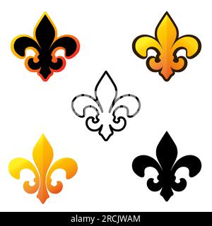 Fleur De Lis Icons Kollektion Royal French Heraldic Symbol verschiedene Arten von Farbe, Schwarz und Umriss. New Orleans Symbol der Unterstützung und Rettung von Desi Stock Vektor