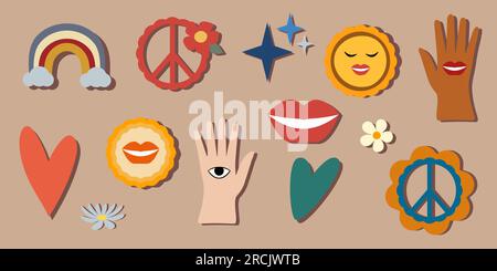 Coole Hippie-70s-Sticker-Kollektion. Hände hoch mit Herz und Auge lustige Cartoon-Blumen, Regenbogen, Frieden, Herzen, trendiger, psychedelischer Retro-carto Stock Vektor