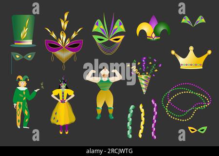 Set aus Mardi Gras Karneval Design Elements Kollektion Mardi Gras Maske mit Federn, Perlen, Harlekin, Columbine. Schlangenlinien und Feuerwerk isoliert Stock Vektor