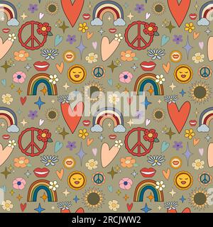 Groovy Hippie 70s Nahtloses Muster lustige Cartoon-Blumen, Regenbogen, Frieden, Herzen, trendiger, psychedelischer Retro-Cartoon-Style. Vektordarstellung. ICH Stock Vektor