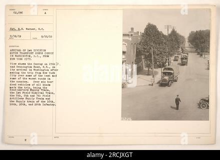 Ankunft des 1. Division Motor Transport Corps Konvois in Washington, D.C. am 15. September 1919. Der Konvoi reiste von New York City nach Washington und begegnete dabei sowohl gut gepflegten als auch schlecht gepflegten Straßen. Der Konvoi bestand aus mehr als 600 Fahrzeugen, einschließlich der Hauptquartier-Versorgungzug, der 1. Field Hospital Train, der 5., 6. und 7. Field Artillery Supply Train und der Versorgungzug der 16., 18., 26. und 29. Infanterie. Foto von R. E. Warner am 18. September 1919. Stockfoto