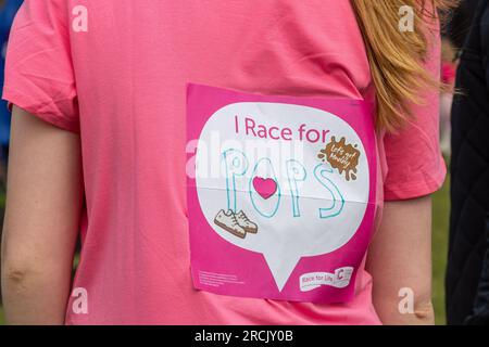 15. Juli 2023. Das Reading Pretty Muddy Race for Life fand am Wochenende in Prospect Park, Reading, Berkshire, England, statt. Mit Hindernisrennen für Kinder und Erwachsene. Die Wohltätigkeitsveranstaltung sammelt Geld für Cancer Research UK. Stockfoto