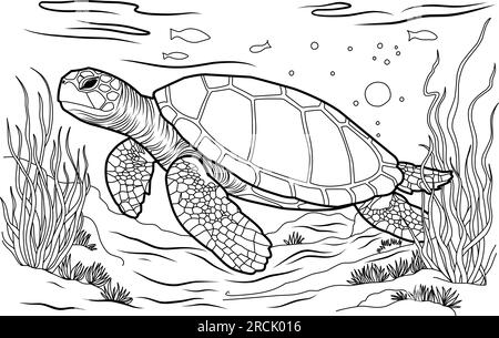 Große Meeresschildkröte, süße gestreifte Fische in der Unterwasserwelt mit Algen, Sand, Blasen auf weißem, isoliertem Hintergrund. Gut für Kinder und Erwachsene Farbtöne Stock Vektor