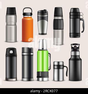 Reisetassen. Thermo Flaschen Modell, Identität der Getränkebehälter, Unternehmensvorlage für Tee oder Kaffee. Verschiedene Thermosarten. Container für bier Stock Vektor