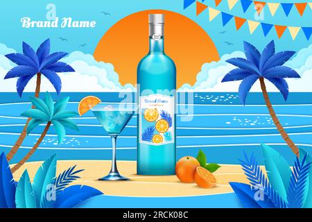 Sommercocktail. 3D Strandgetränk. Poster mit Getränken für die Poolparty. Happy Hour auf dem Meer für eine Flasche Alkohol. Zitruslikör. Meer und Palmen. Malerische Sonne Stock Vektor